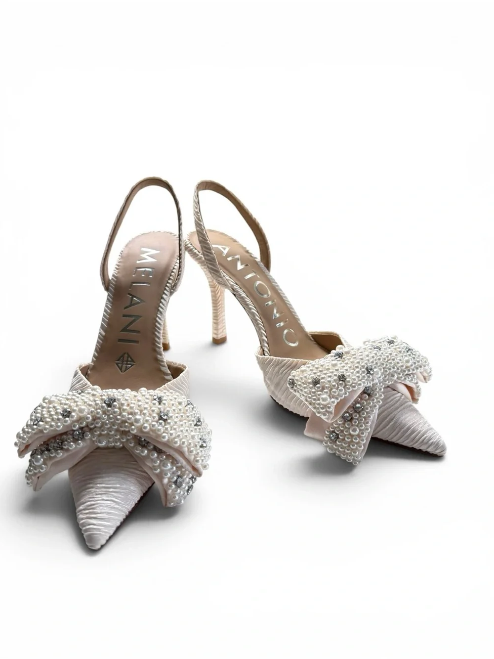 Antonio Melani Women Champagne Pearl Bow Slingback Heels Pointed Toe Size 8.5